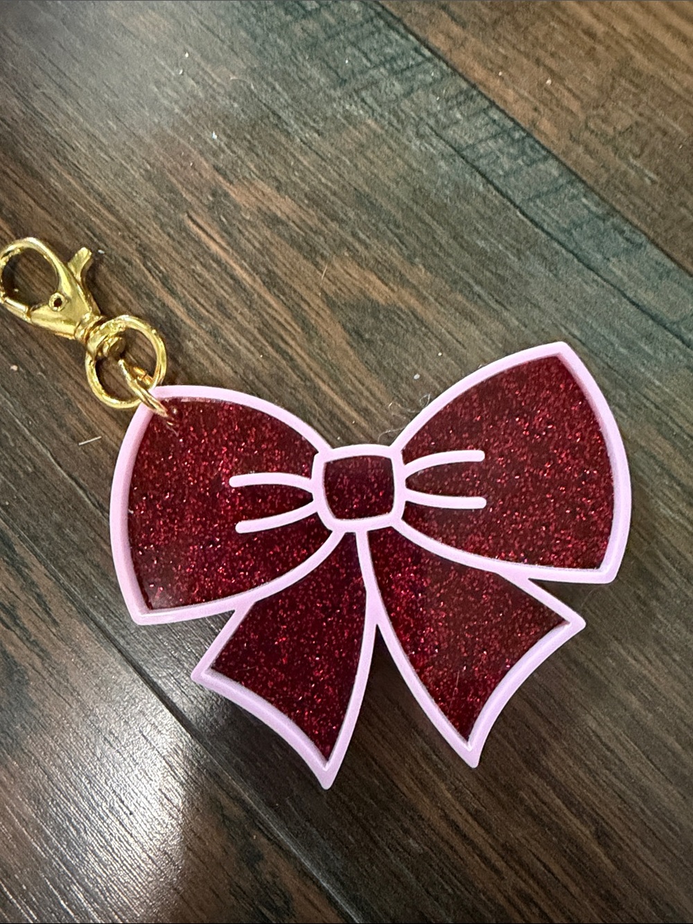 Stoney Clover Lane Glitter Red Bow Keychain with Pink Trim